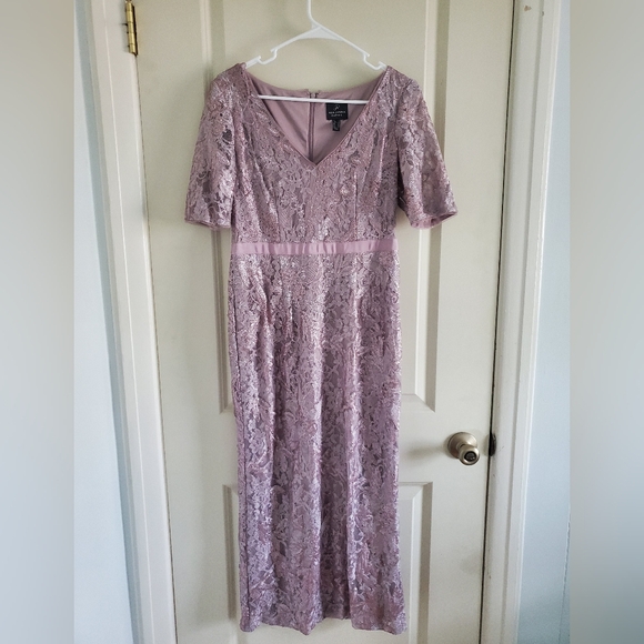 BHLDN Adrianna Papell Levi Smoky Amethyst Purple Metallic Short Sleeve Lace Gown - Picture 2 of 10
